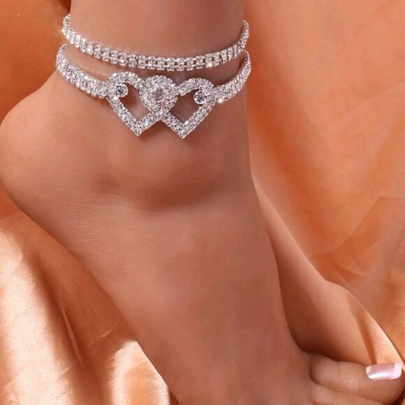 Crystal Silver Layered Heart Anklet - Picture 4 of 4